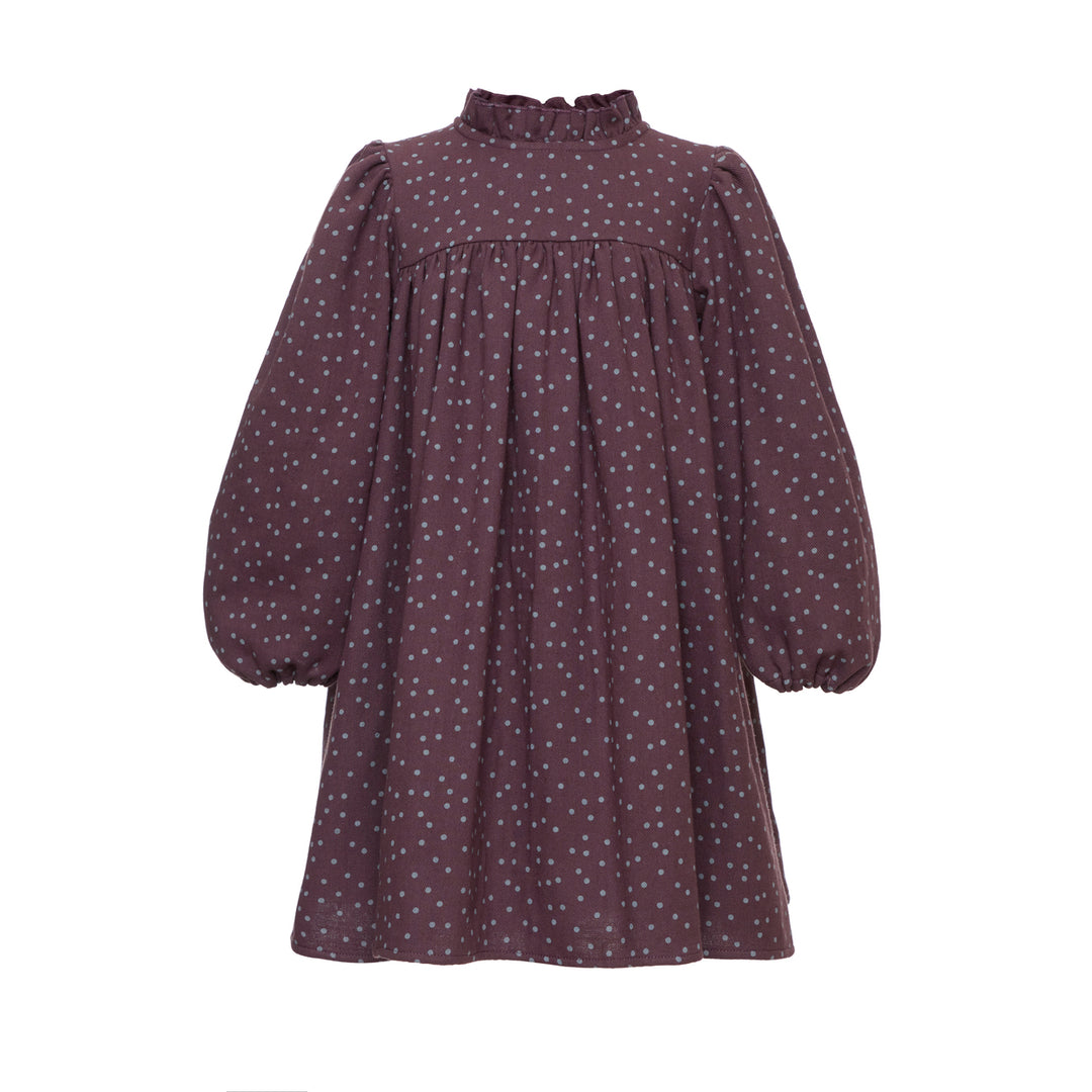 Clover Corduroy Dress With Ruffled Stand-up Collar - Aubergine