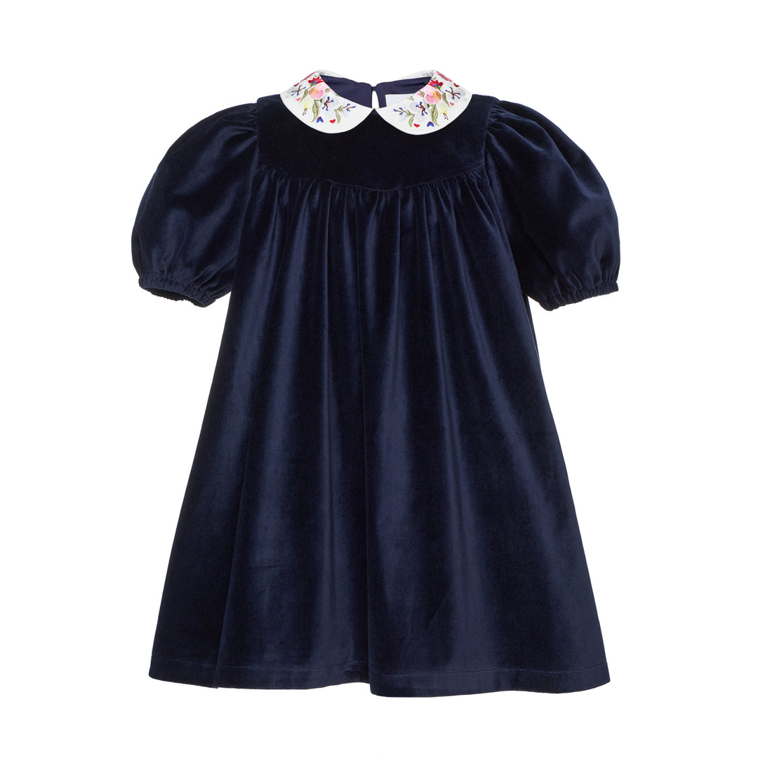 Haven Velvet Dress With Embroidered Peter Pan Collar - Dark Blue