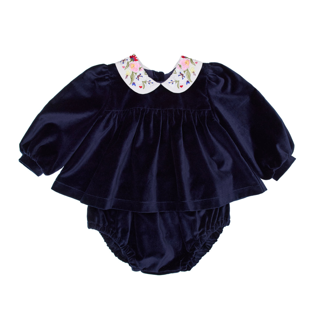 Haven Baby Blouse Velvet and Bloomers Set - Dark Blue