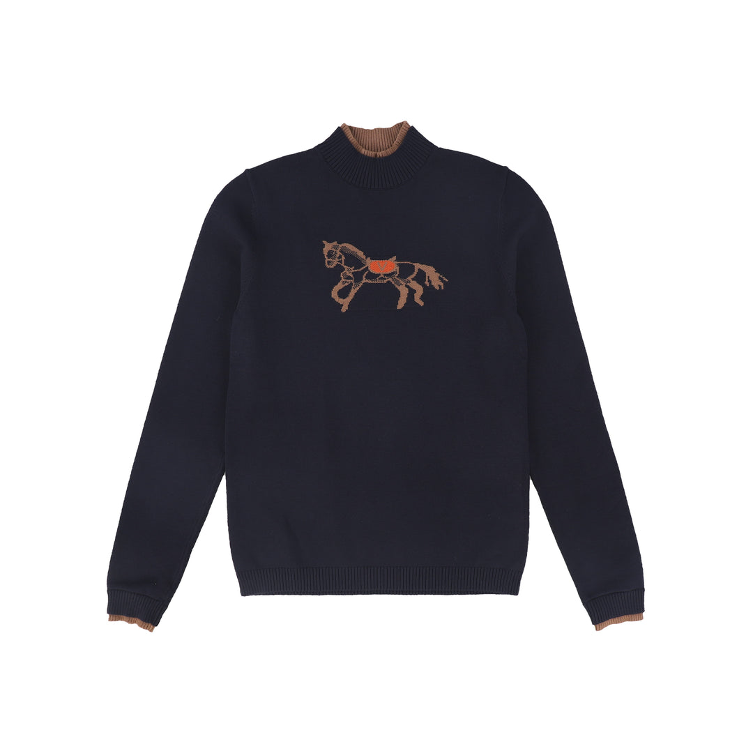 C-27055 Horse Print Knit Turtleneck Navy