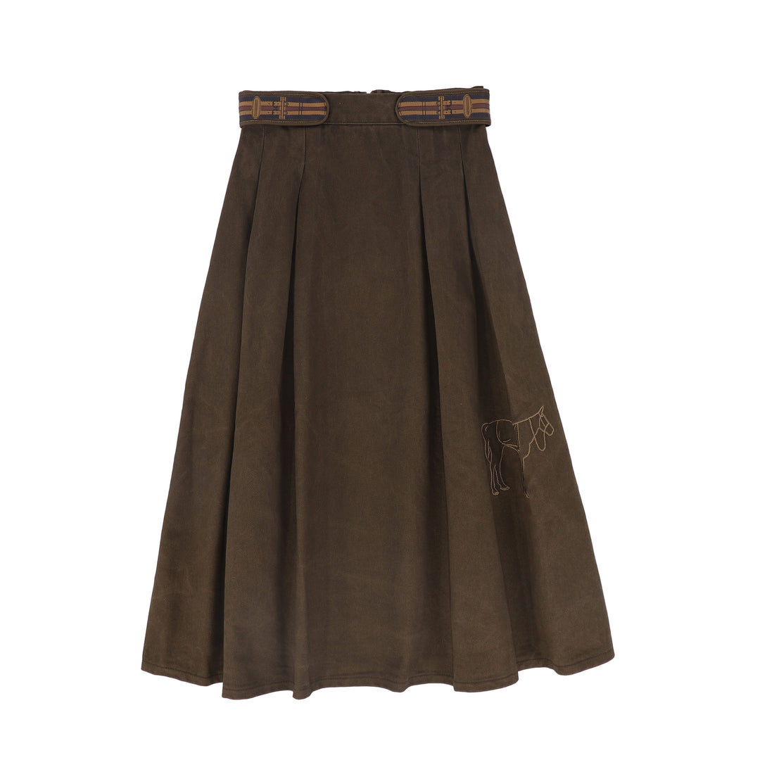 C-27105 Denim Embroidered Pleat Skirt - Brown