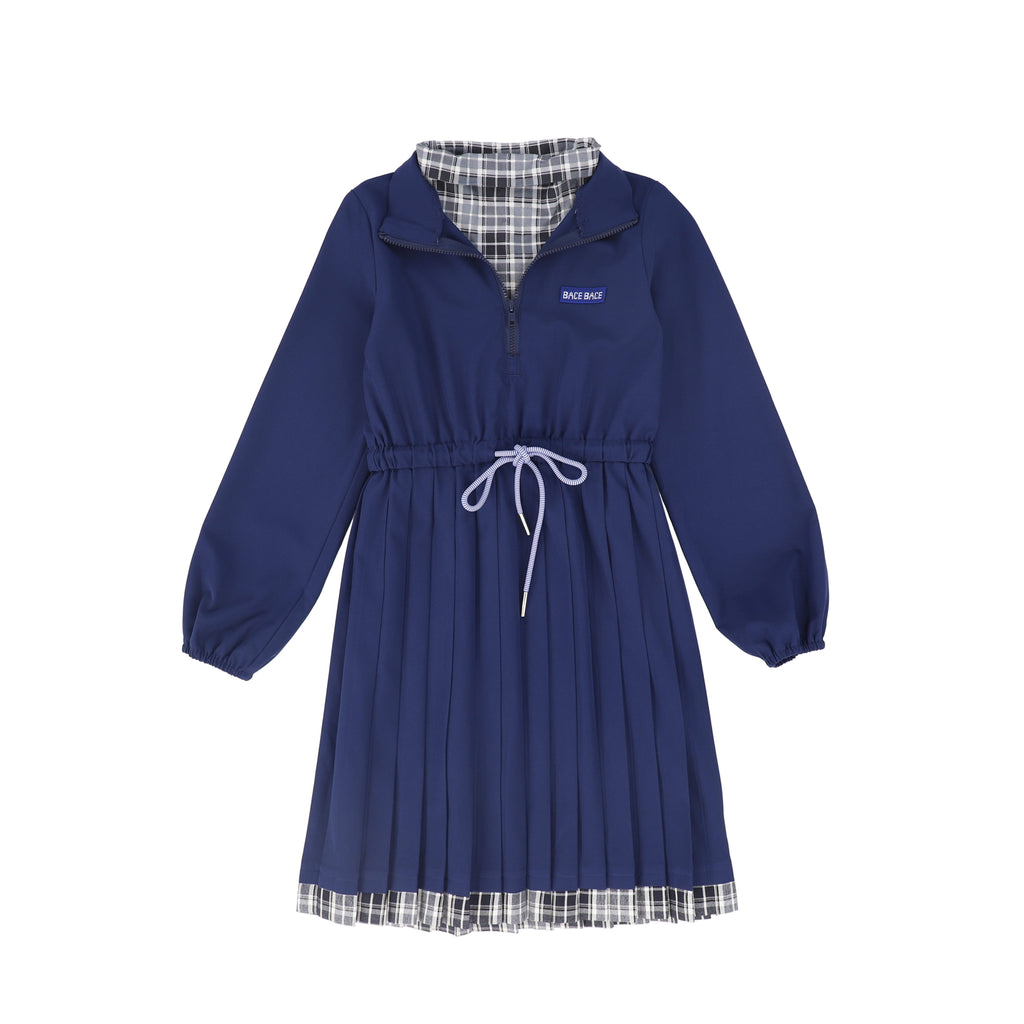 C-27188 Checked Half Zip Pleat Dress - Navy – whoopikids