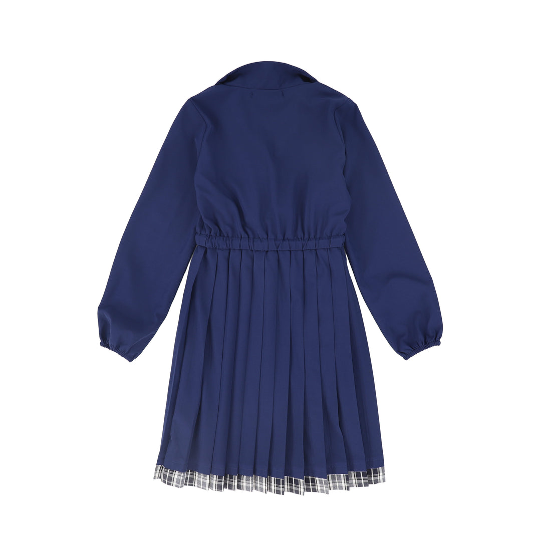 C-27188 Checked Half Zip Pleat Dress - Navy