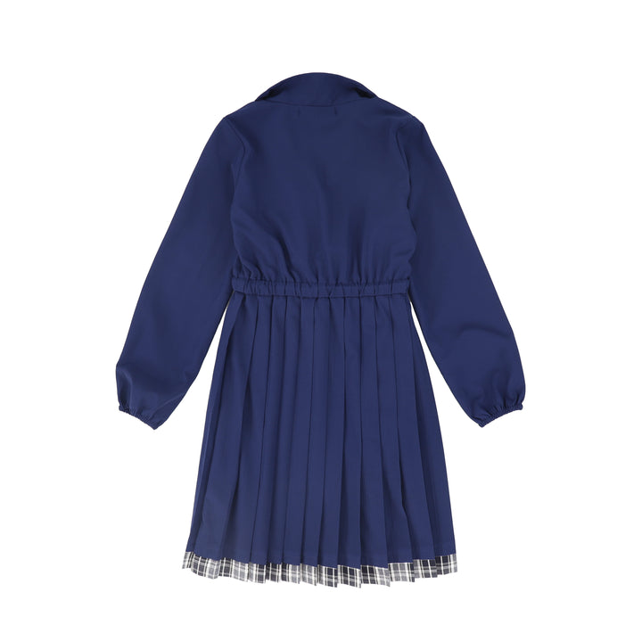 C-27188 Checked Half Zip Pleat Dress - Navy