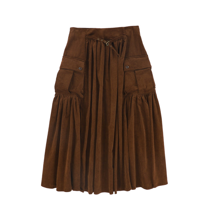 C-27898 Gathered Detail Pocket Midi Skirt Brown