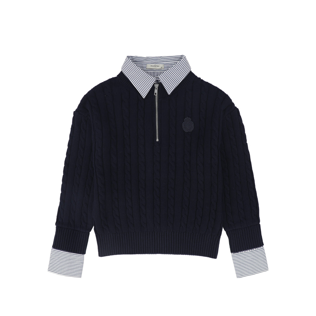 C-28365 Stripe Collar Cable Knit Sweater Navy