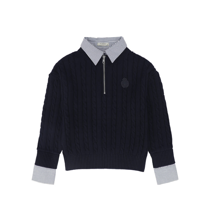 C-28365 Stripe Collar Cable Knit Sweater Navy