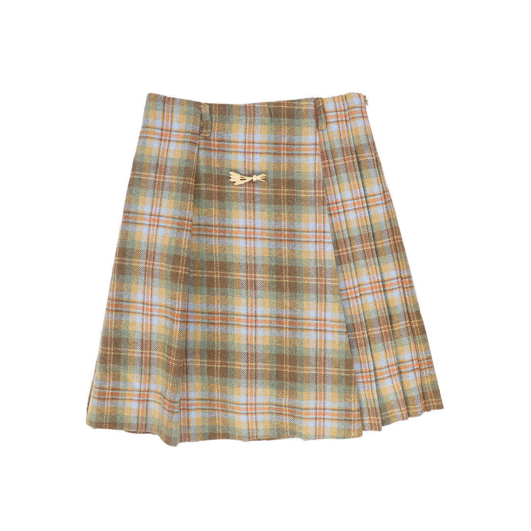 C-28386 Plaid Pleated Skirt - Camel