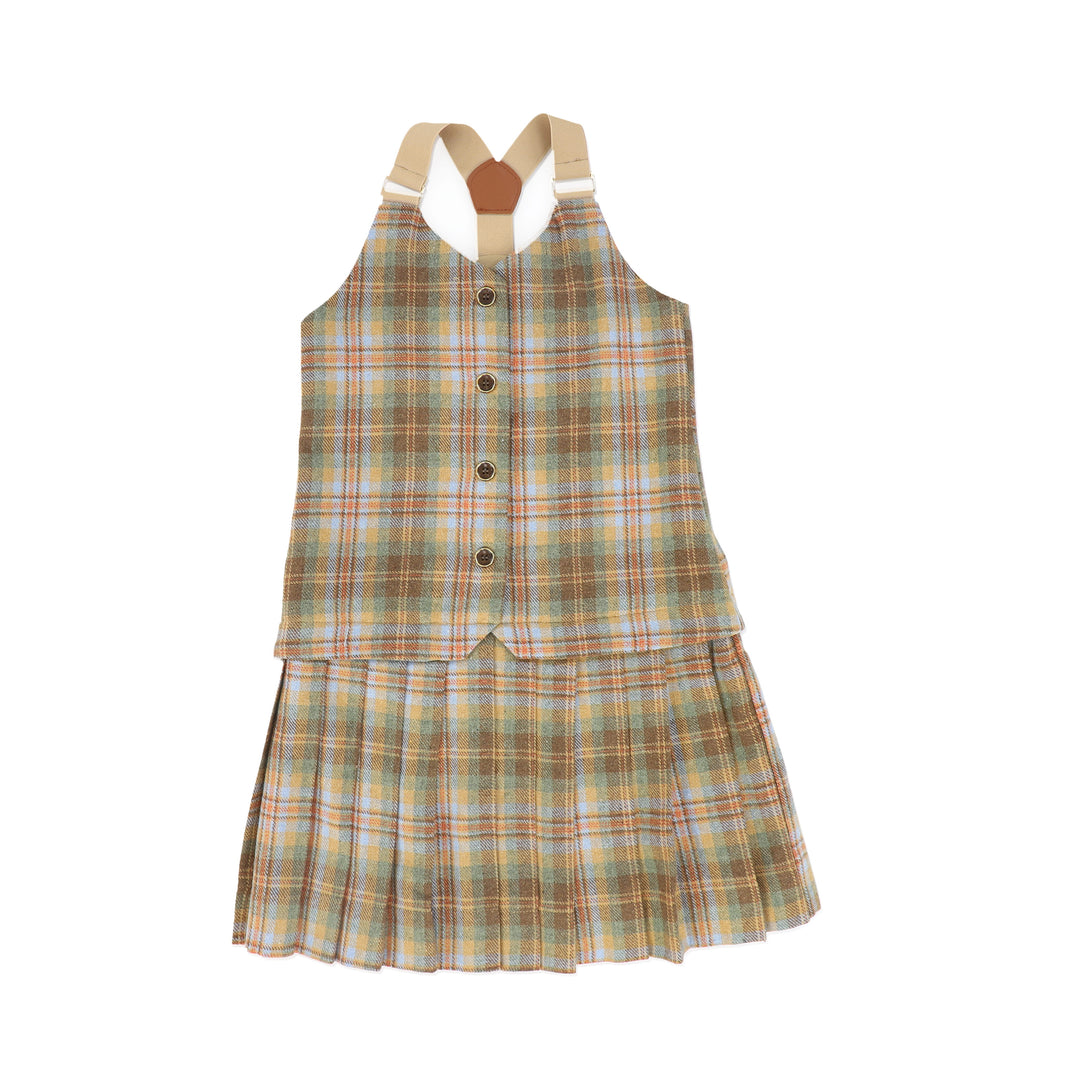 C-28394 Plaid Pleated Vest Dress - Camel