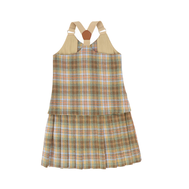C-28394 Plaid Pleated Vest Dress - Camel