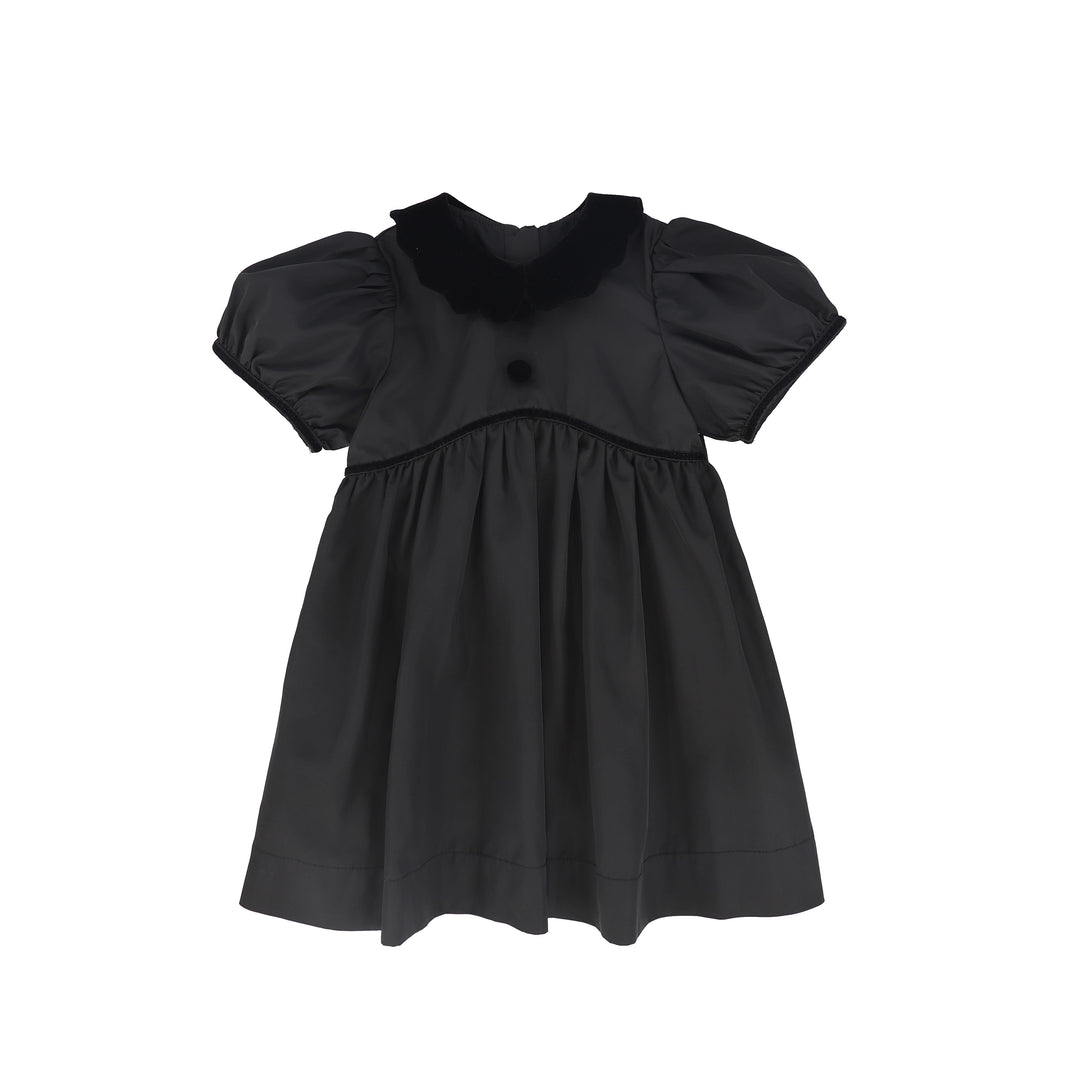 C-28684 Taffeta Velvet Collar Puff Sleeve Dress Black