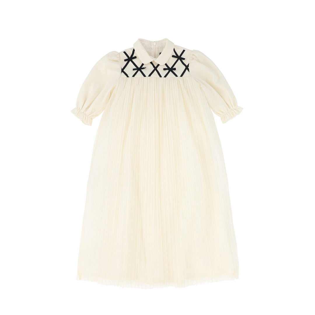 C-29380 Grosgrain Lattice Puff Sleeve Dress - Black/Ivory