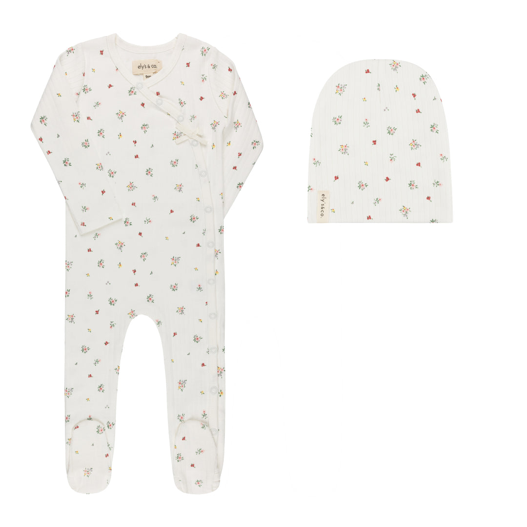 AW26-0012-FB Printed Floral Star Collection Footie + Beanie - Ivory loral