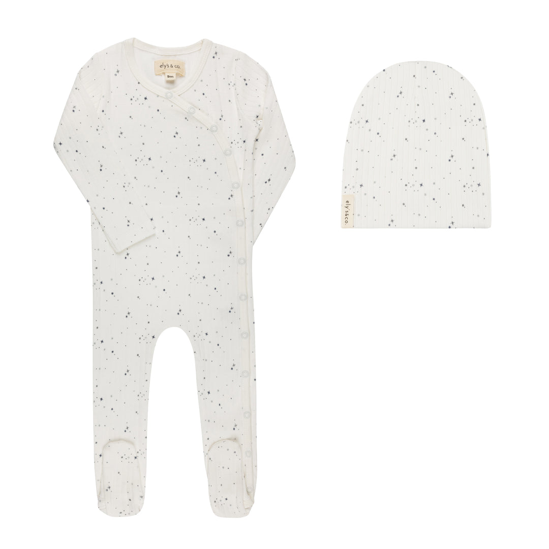 AW26-0014-FB Printed Floral Star Collection Footie + Beanie  - Ivory Stars