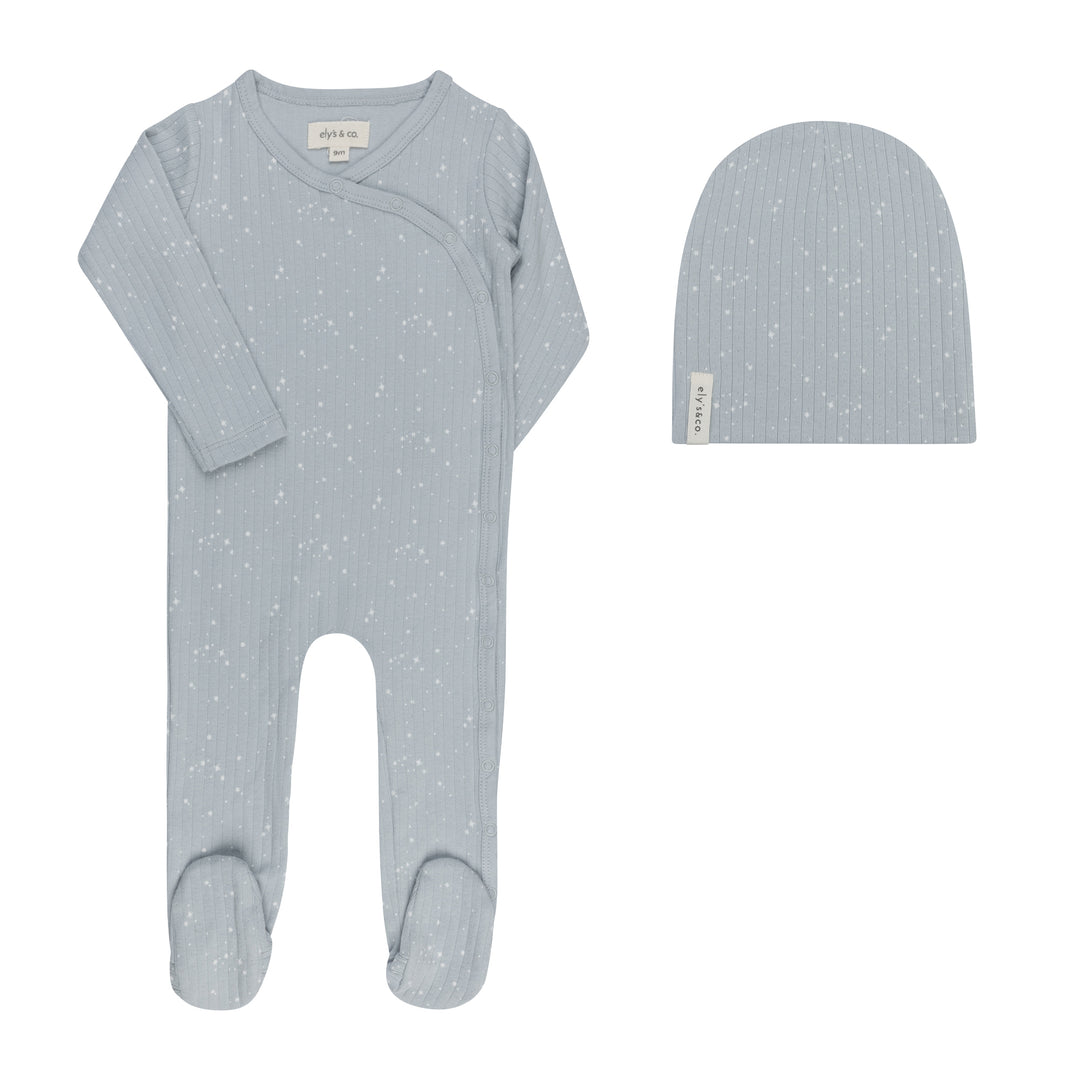 AW26-0015-FB Printed Floral Star Collection Footie + Beanie  - Blue Stars