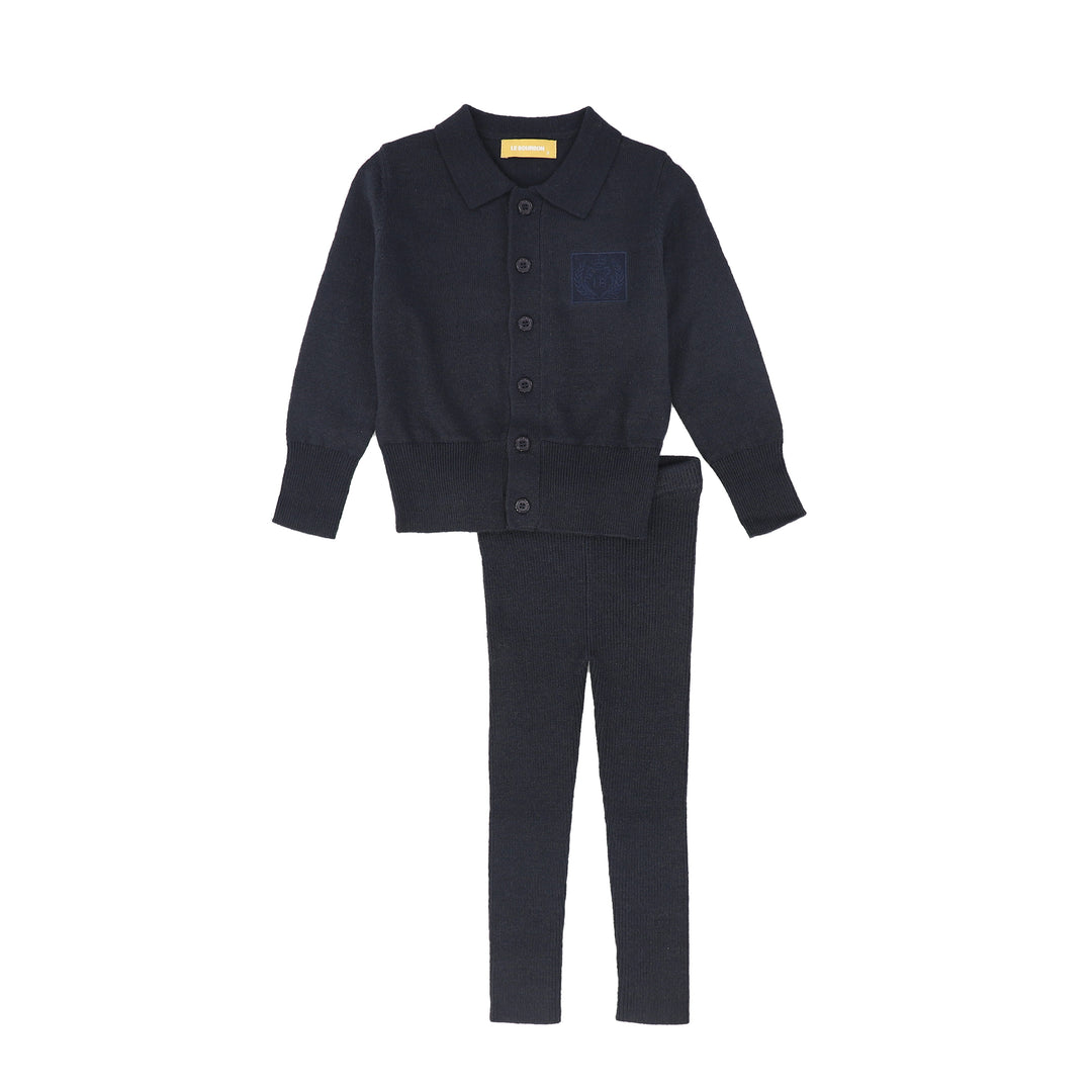C-30130 Logo Collared Cardigan Set - Navy