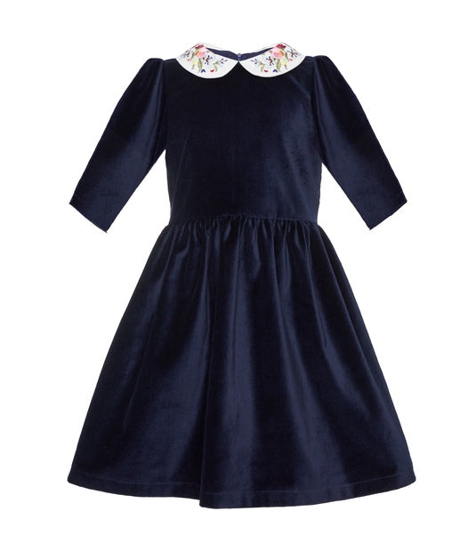 Special Edition Haven Velvet Maxi Dress With Embroidered Peter Pan Collar Longer Sleeves - Dark Blue
