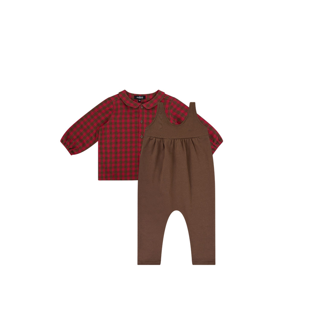 31068 Checkered Peter Pan Shirt and Overalls Set - Chestnut/Berry