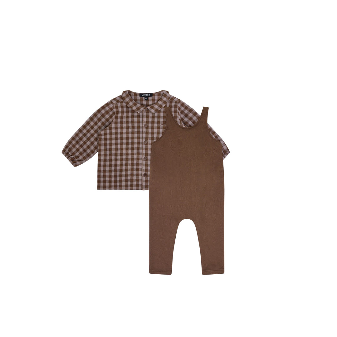 31069 Checkered Collar Shirt and Overalls Set - Chestnut/Slate