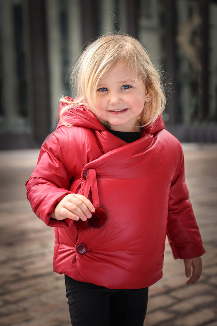 33575A-Side Opening pom pom tie Winter Jacket-Red
