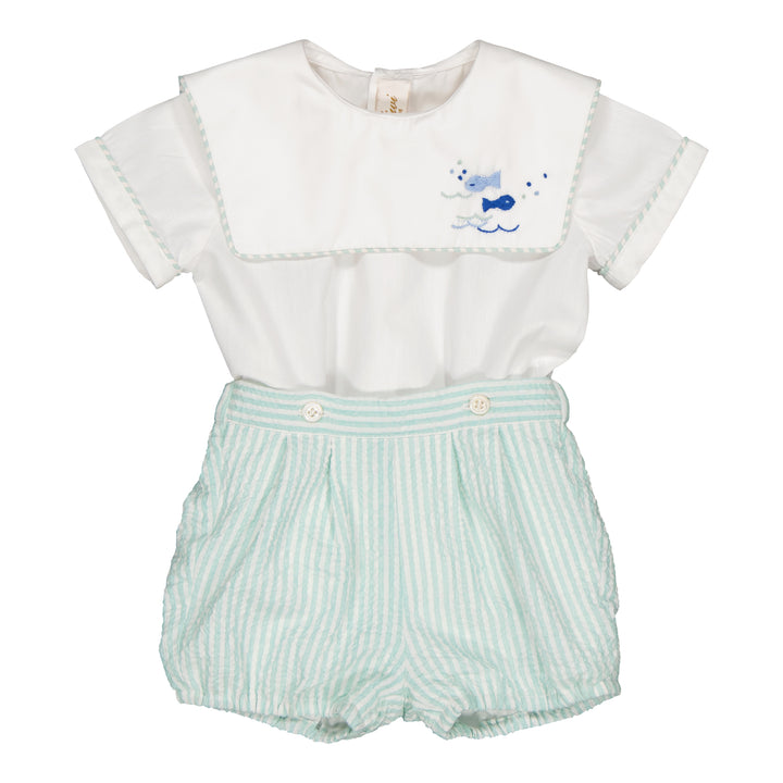 34094-ROBINSON SHIRT/BLOOMER SET-White Pollin/Mint Linen