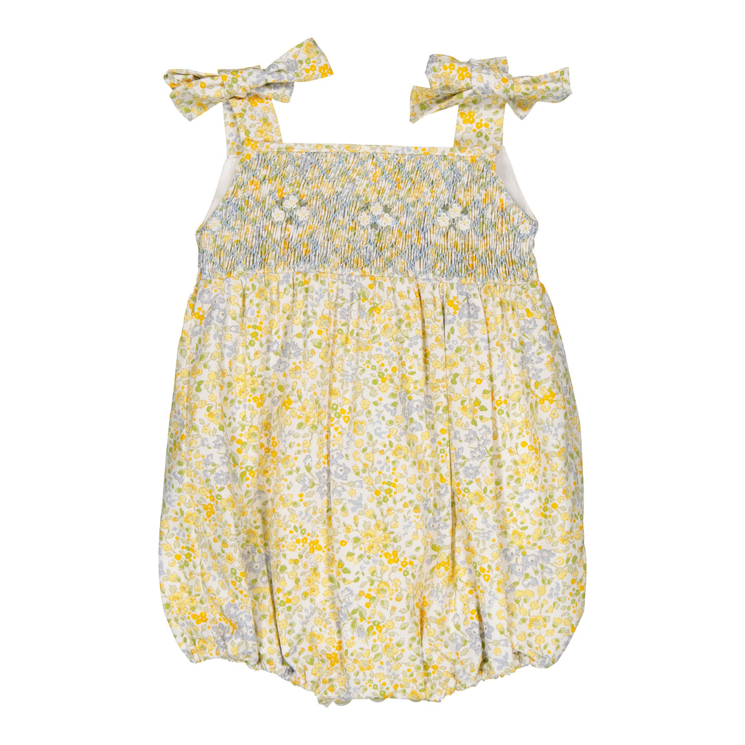 34172-FRANCINE SMOCKED GIRL ROMPER-Ditsy Yellow/Blue Print