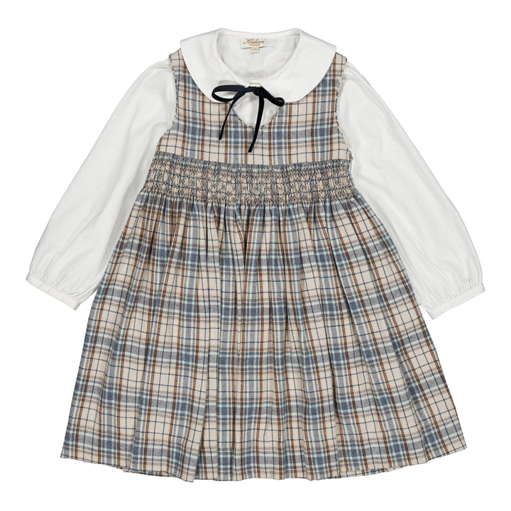 37191 CARMELLE SMOCKED PINAFORE GIRL DRESS - BLUE/GREY TARTAN