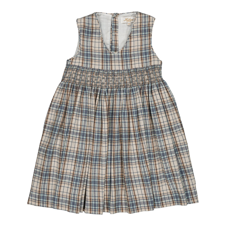 37191 CARMELLE SMOCKED PINAFORE GIRL DRESS - BLUE/GREY TARTAN
