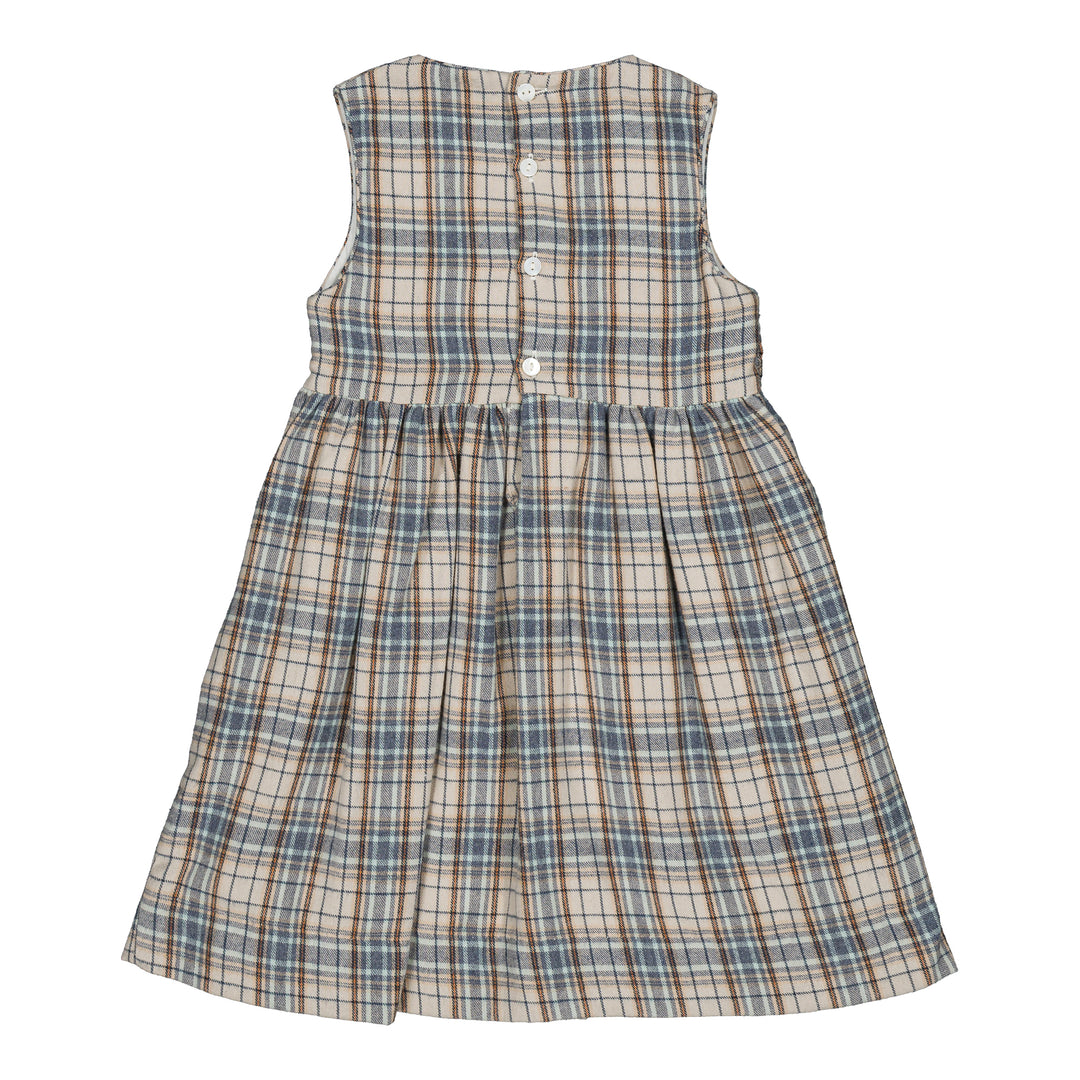 37191 CARMELLE SMOCKED PINAFORE GIRL DRESS - BLUE/GREY TARTAN