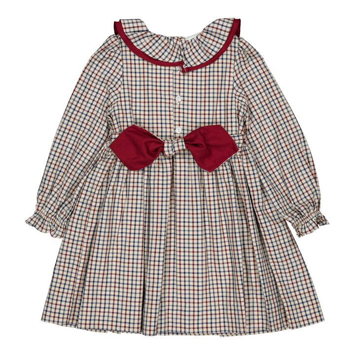 37251 JOSEPHINE SMOCKED GIRL DRESS - OFF-WHITE NAVY BLUE AND BURGUNDY RED CHECKS