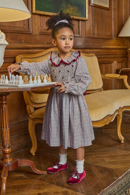 37251 JOSEPHINE SMOCKED GIRL DRESS - OFF-WHITE NAVY BLUE AND BURGUNDY RED CHECKS