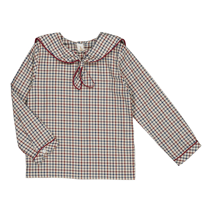 37252 EUSTACHE BOY SHIRT - OFF-WHITE NAVY BLUE AND BURGUNDY RED CHECKS/NAVY PIPING