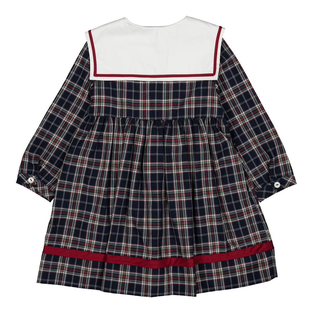 37271 PAOLA GIRL DRESS - NAVY BLUE AND RED BURGUNDY TARTAN