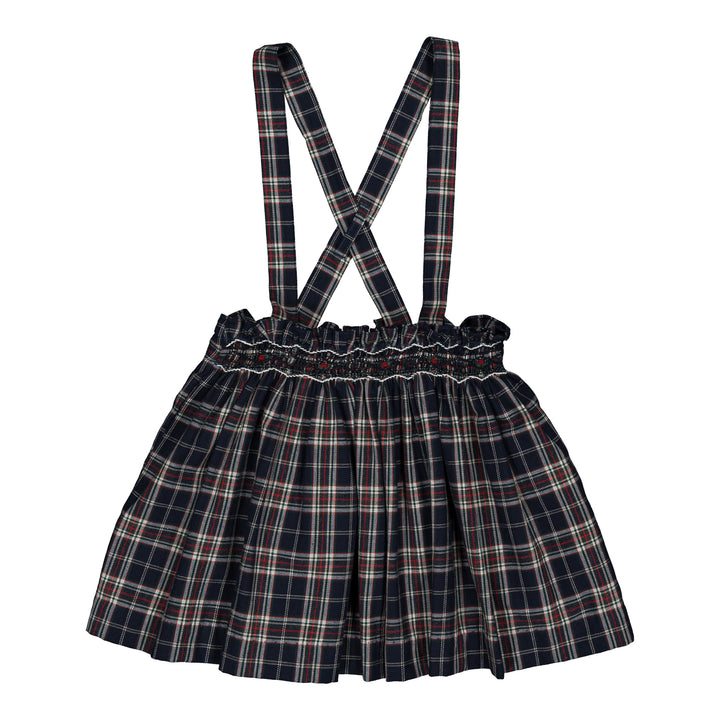 37273 LOUISE SMOCKED SKIRT - NAVY BLUE AND RED BURGUNDY TARTAN