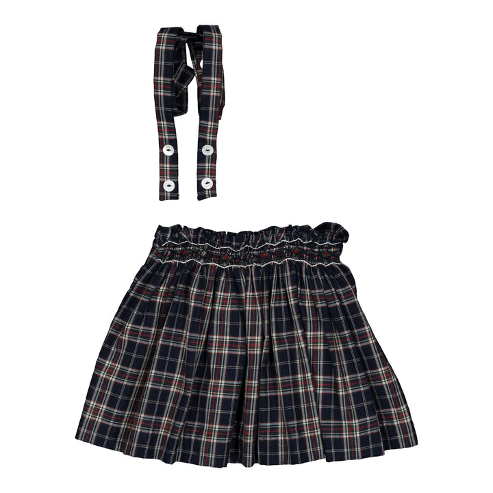 37273 LOUISE SMOCKED SKIRT - NAVY BLUE AND RED BURGUNDY TARTAN