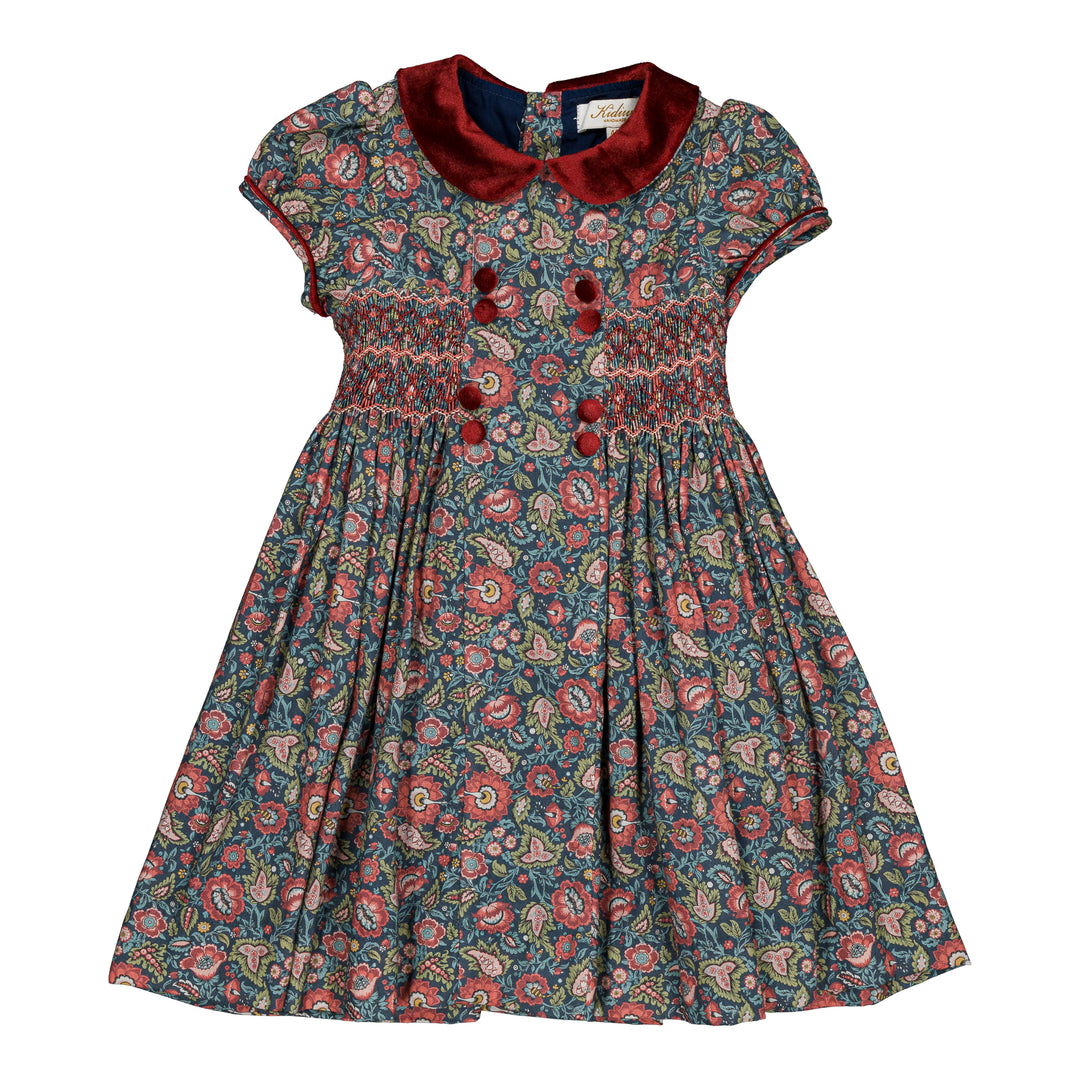 37301 RISON SMOCKED GIRL DRESS - RED AND NAVY FLORAL PAISLEY PRINT