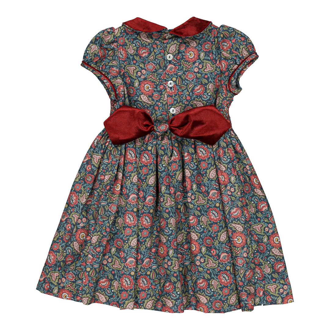 37301 RISON SMOCKED GIRL DRESS - RED AND NAVY FLORAL PAISLEY PRINT