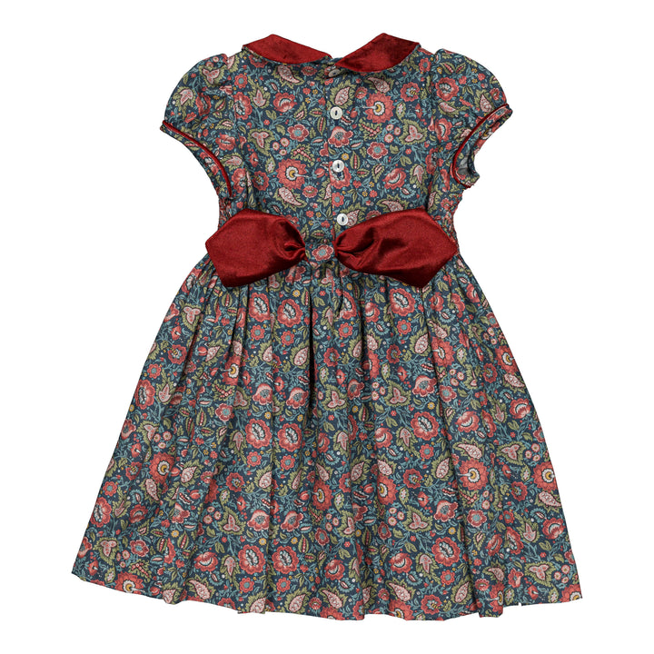 37301 RISON SMOCKED GIRL DRESS - RED AND NAVY FLORAL PAISLEY PRINT