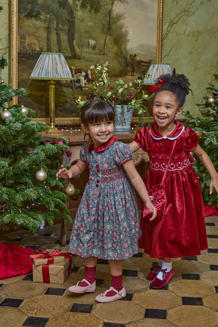 37301 RISON SMOCKED GIRL DRESS - RED AND NAVY FLORAL PAISLEY PRINT