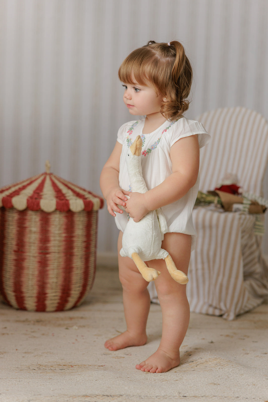 P7510 CROSS STITCHED EMBROIDERED LINEN ROMPER BG-WHITE