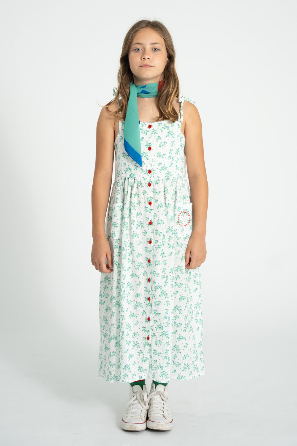 SS26.MN2614-LONG DRESS ECRU W/ GREEN FLOWERS ALL OVER