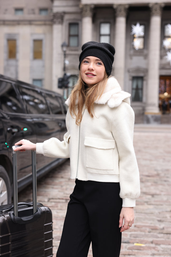 53681-Fur trim pocket Wool Bomber-Off White