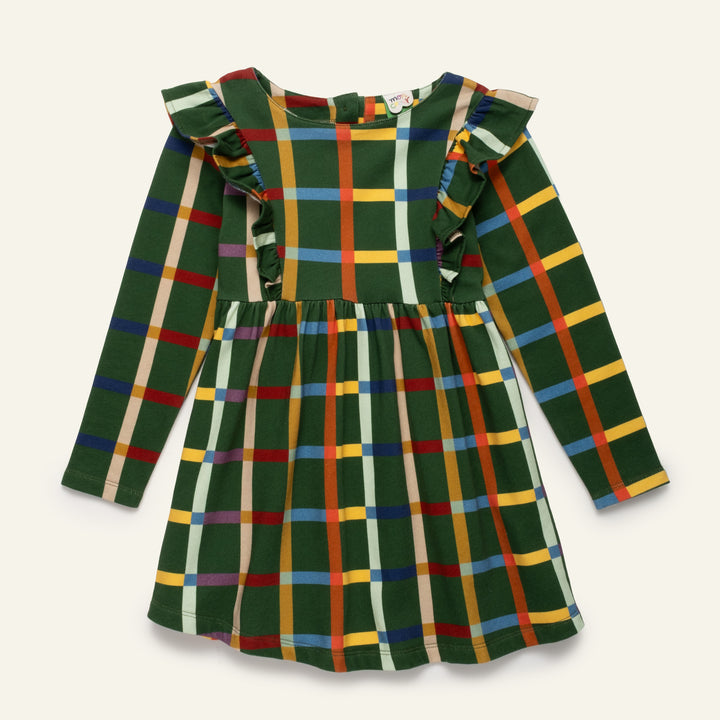 F26-B5111 FALL GRID RUFFLE DRESS -  GREEN PASTURES / FALL GRID