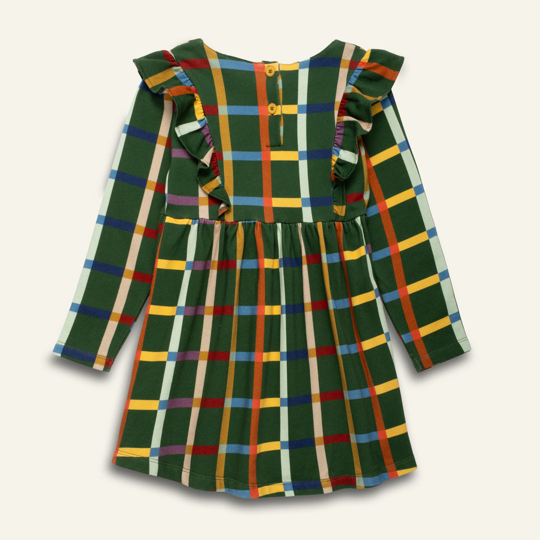 F26-K5111 FALL GRID RUFFLE DRESS - GREEN PASTURES / FALL GRID