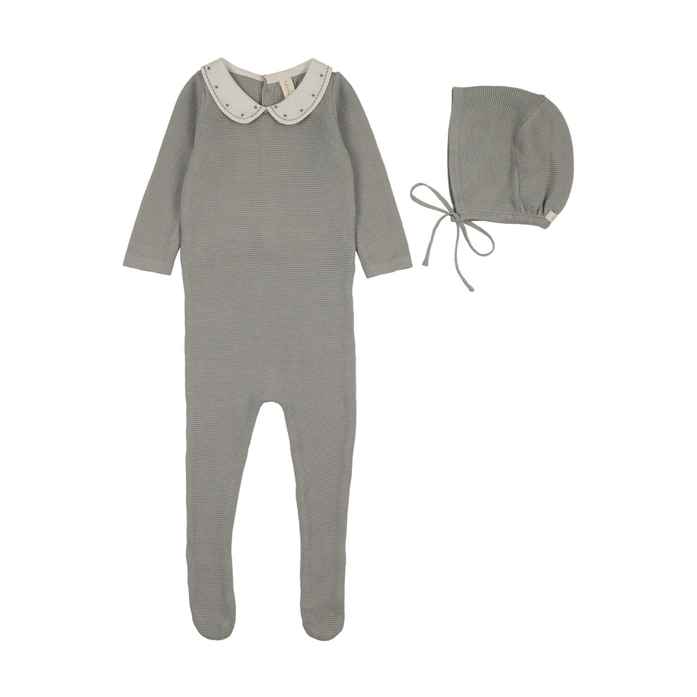EMBROIDERED KNIT COLLAR FOOTIE SET - LIGHT BLUE