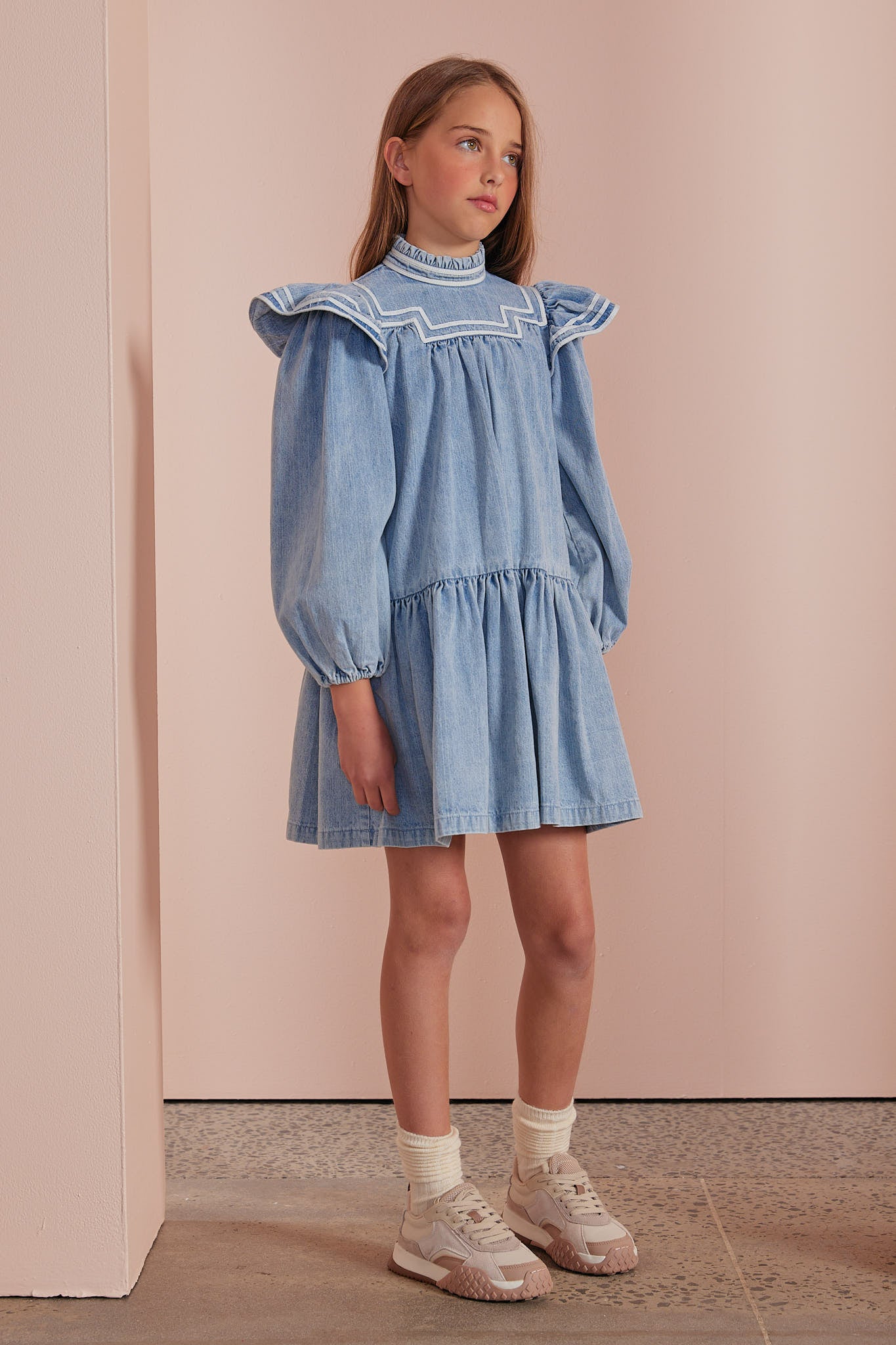 8073D-Chambray Trim Ruffle Babydoll Dress-Black Chambray