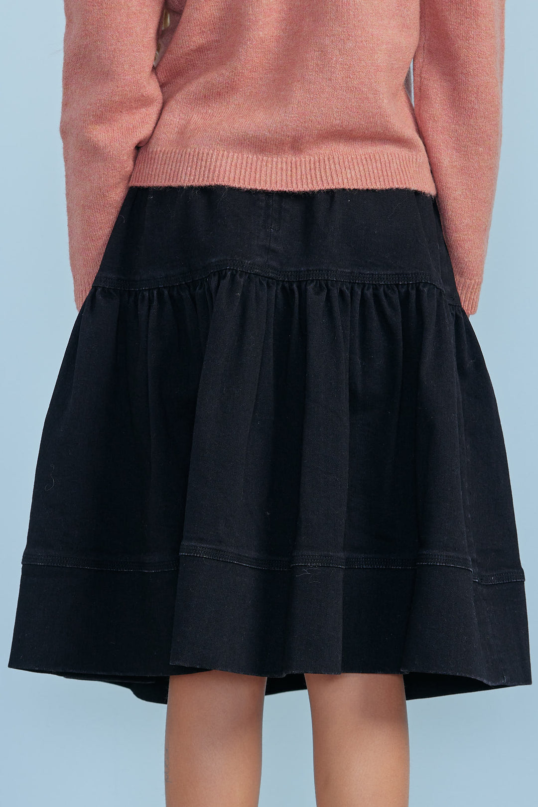 8096S-Denim Midi A-Line Skirt-Black