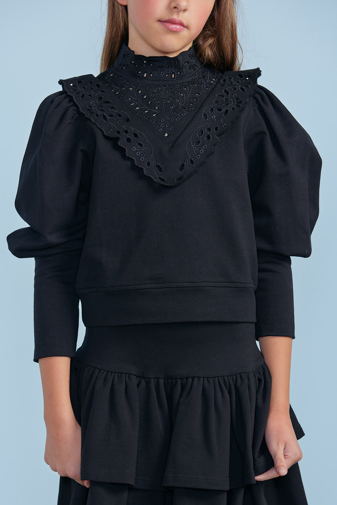 8101SW-Cut Out Embroidered Sweat Top-Black