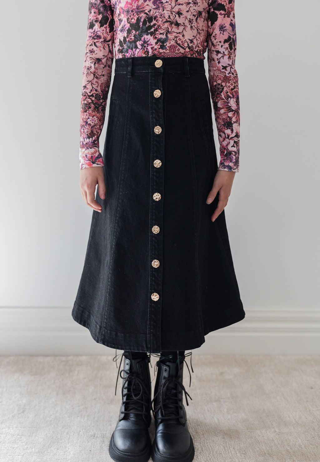 8184S-Denim Button Front Skirt-Black Wash Denim