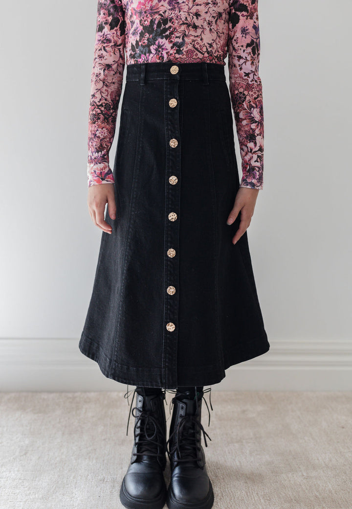 8184S-Denim Button Front Skirt-Black Wash Denim